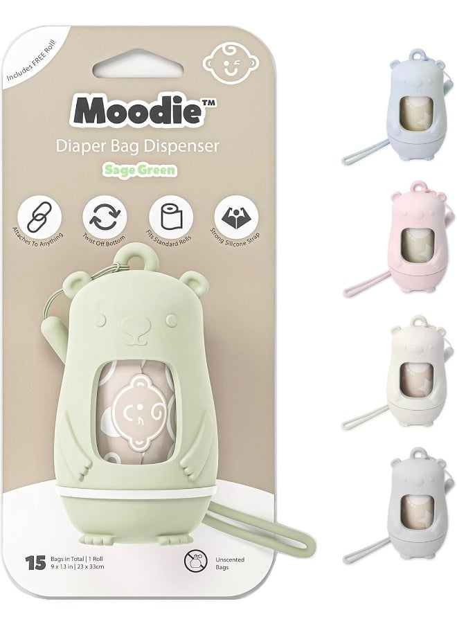 Moodie Teddy Bear Diaper Bag Dispenser | Diaper Bag on the Go Dispenser w/Silicon Strap | 15 LAVENDER SCENTED Diaper Disposal Bags per Roll | Diaper bag essential items (SAGE GREEN)