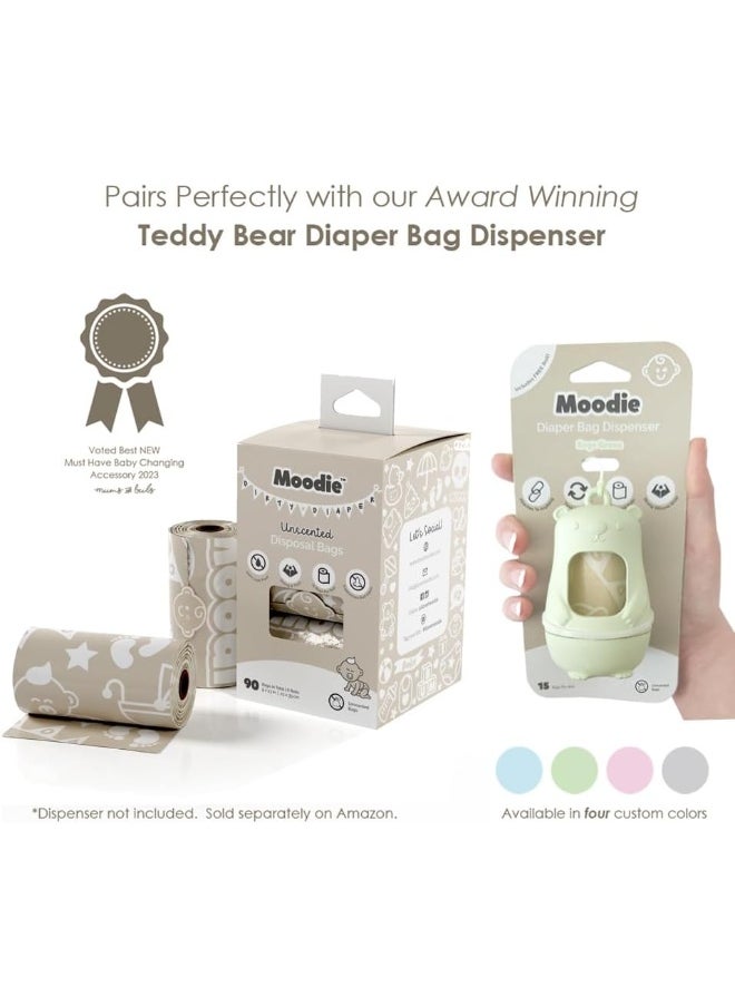 Moodie Teddy Bear Diaper Bag Dispenser | Diaper Bag on the Go Dispenser w/Silicon Strap | 15 LAVENDER SCENTED Diaper Disposal Bags per Roll | Diaper bag essential items (SAGE GREEN)
