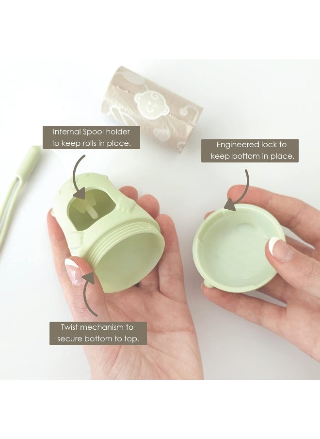 Moodie Teddy Bear Diaper Bag Dispenser | Diaper Bag on the Go Dispenser w/Silicon Strap | 15 LAVENDER SCENTED Diaper Disposal Bags per Roll | Diaper bag essential items (SAGE GREEN)