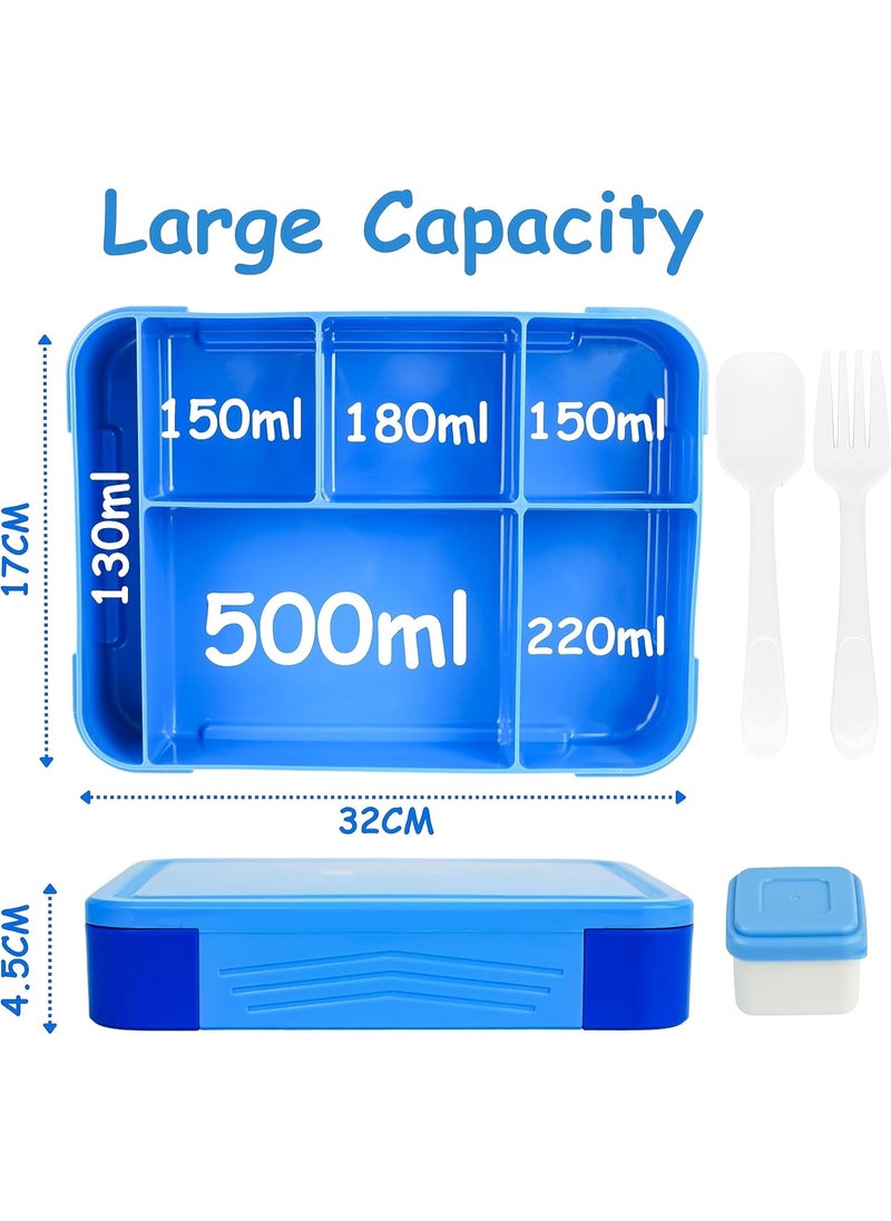 Lunch Box For Kids School, Bento Lunch Box Kids Adults, Leakproof with 5 Compartments and Cutlery Set, 1330 ML (Blue)