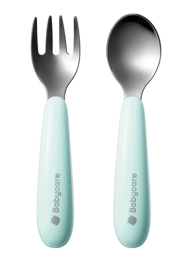 Babycare - Stainless Steel Fork And Spoon Set - Turquoise