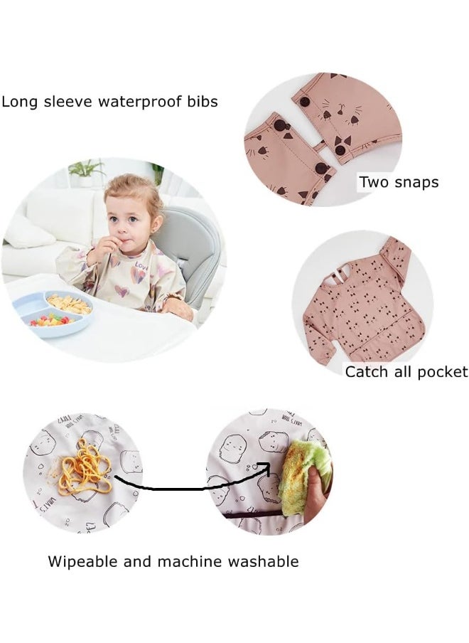 GZMM Waterproof Baby Bibs, Infant Toddler Long Sleeve Feeding Bib With Food Catcher, Easy Clean & Washable