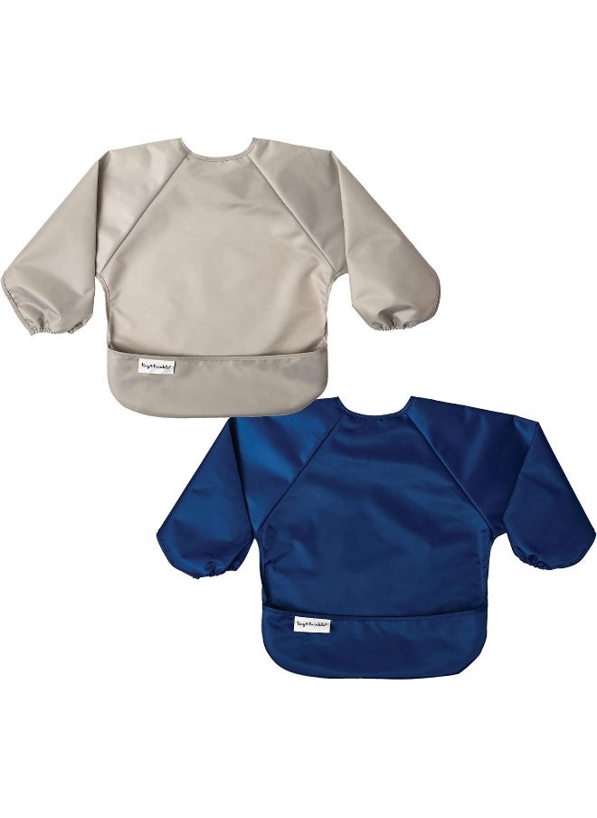 Tiny Twinkle Mess Proof Baby Bib, 2 Pack Long Sleeve Bib Outfit, Waterproof Bibs for Toddlers, Machine Washable, Tug Proof (Grey Indigo, Small 6-24 Months)