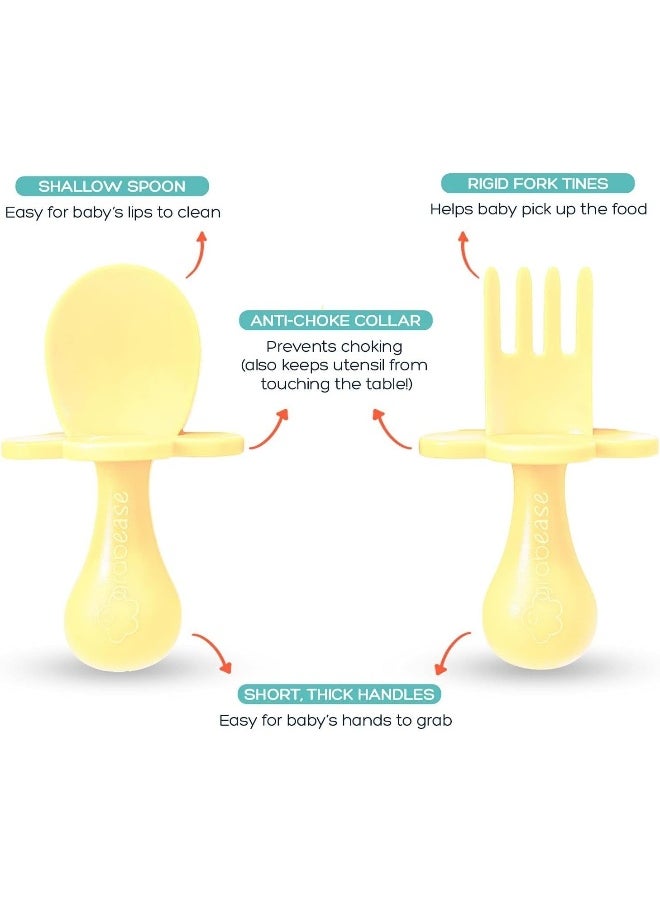 Grabease Baby and Toddler Self-Feeding Utensils – Spoon and Fork Set for Baby-Led Weaning – Made of Non-Toxic Plastic – Featuring Protective Barriers to Prevent Choking and Gagging