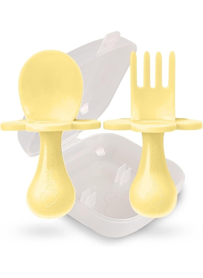 Grabease Baby and Toddler Self-Feeding Utensils – Spoon and Fork Set for Baby-Led Weaning – Made of Non-Toxic Plastic – Featuring Protective Barriers to Prevent Choking and Gagging