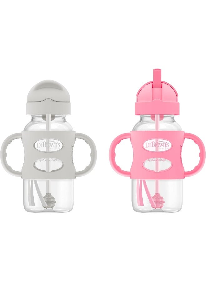Dr. Brown's Milestones™ Wide-Neck Sippy Straw Bottle with 100% Silicone Handles, 9oz/270mL, Gray & Pink, 2 Pack, 6m+