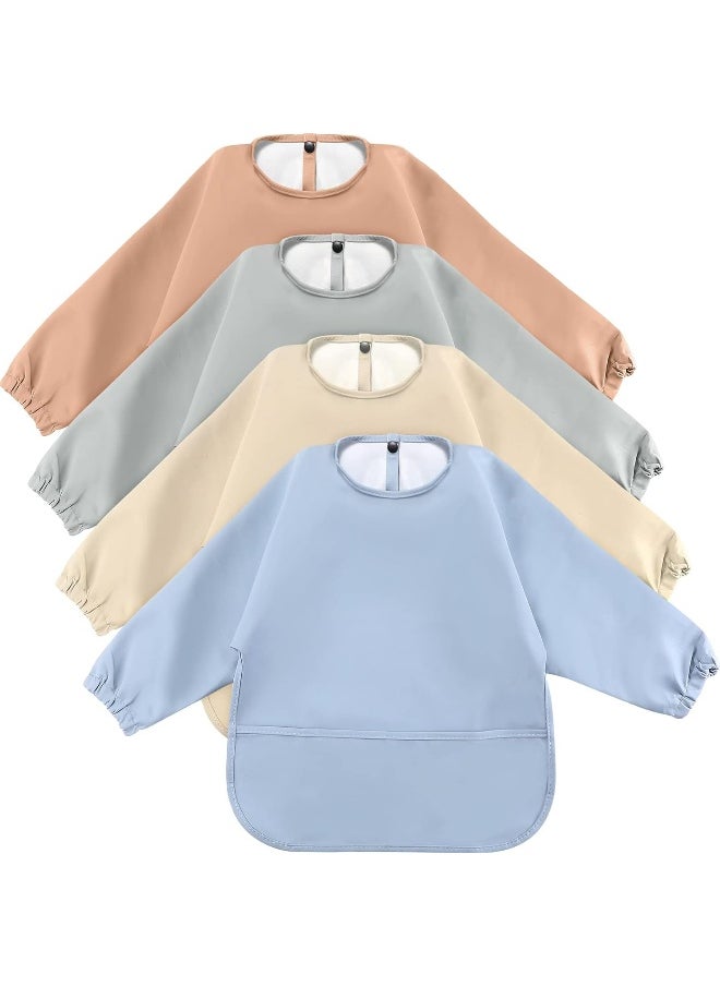 JaGely 4 Pack Long Sleeve Baby Bibs Waterproof Long Sleeved Bib Baby Eating Smock Bib Feeding Shirt Bib with Food Catcher