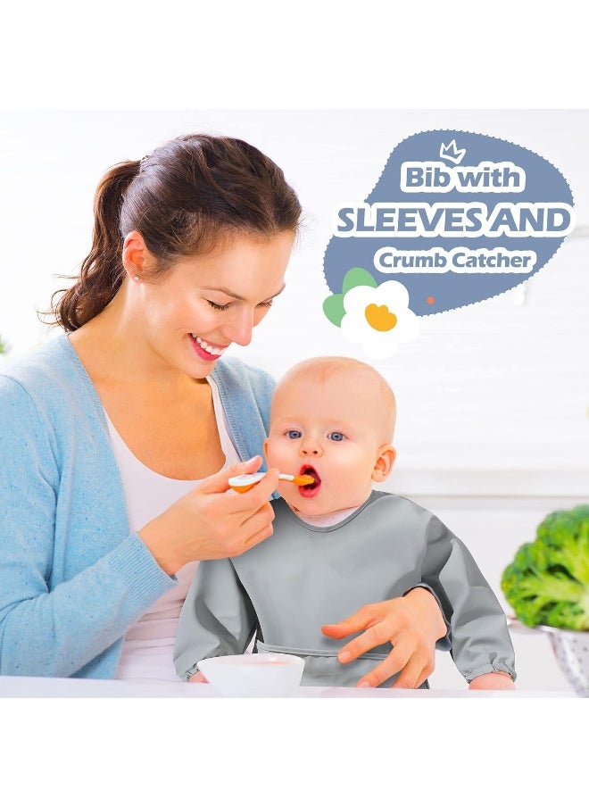 JaGely 4 Pack Long Sleeve Baby Bibs Waterproof Long Sleeved Bib Baby Eating Smock Bib Feeding Shirt Bib with Food Catcher