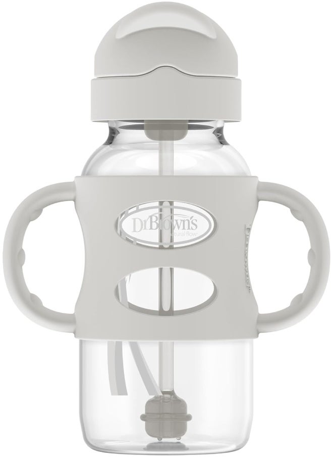 Dr. Brown's Milestones™ Wide-Neck Sippy Straw Bottle with 100% Silicone Handles, 9oz/270mL, Gray, 1 Pack, 6m+