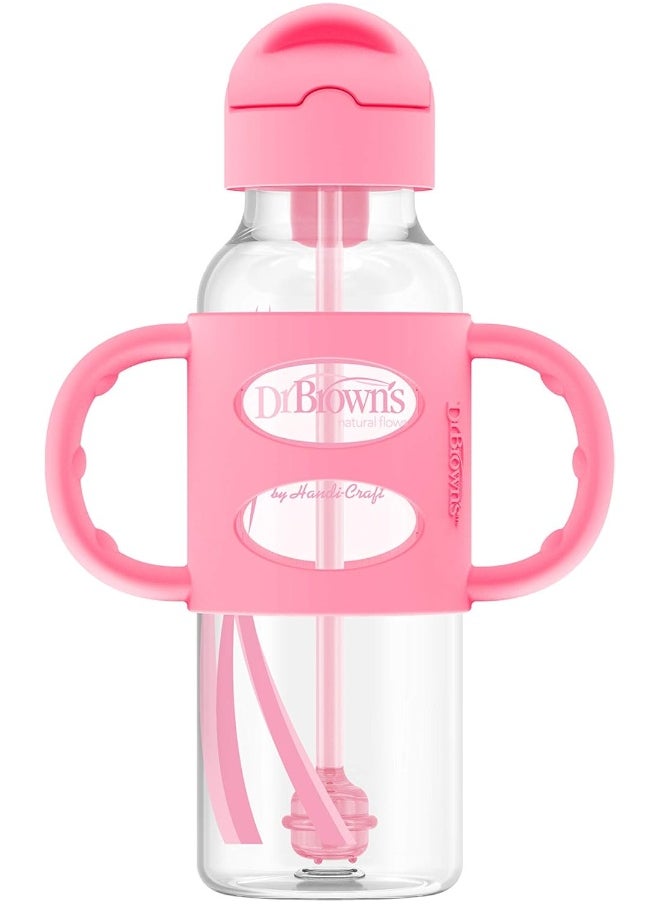Dr. Brown's Milestones™ Narrow Sippy Straw Bottle with 100% Silicone Handles, 8oz/250mL, Gray & Pink, 2 Pack, 6m+