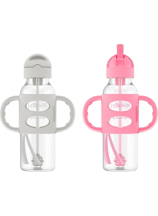 Dr. Brown's Milestones™ Narrow Sippy Straw Bottle with 100% Silicone Handles, 8oz/250mL, Gray & Pink, 2 Pack, 6m+