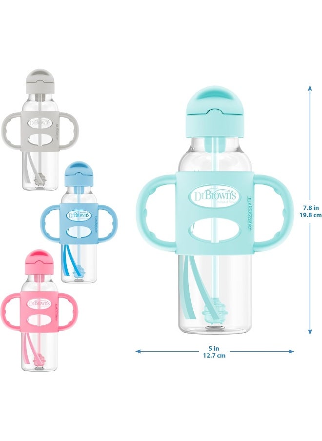 Dr. Brown's Milestones™ Narrow Sippy Straw Bottle with 100% Silicone Handles, 8oz/250mL, Gray & Pink, 2 Pack, 6m+
