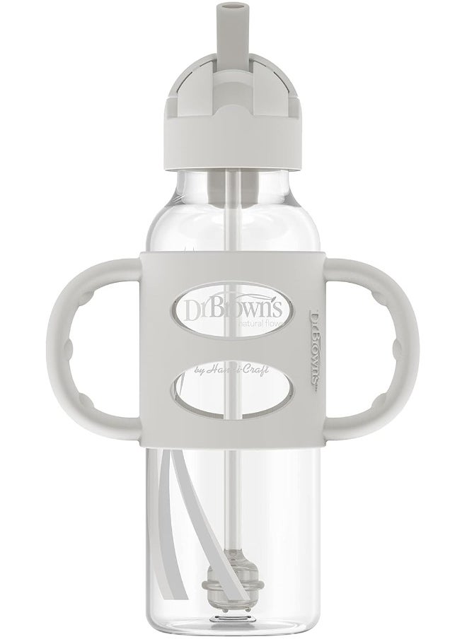 Dr. Brown's Milestones™ Narrow Sippy Straw Bottle with 100% Silicone Handles, 8oz/250mL, Gray & Pink, 2 Pack, 6m+