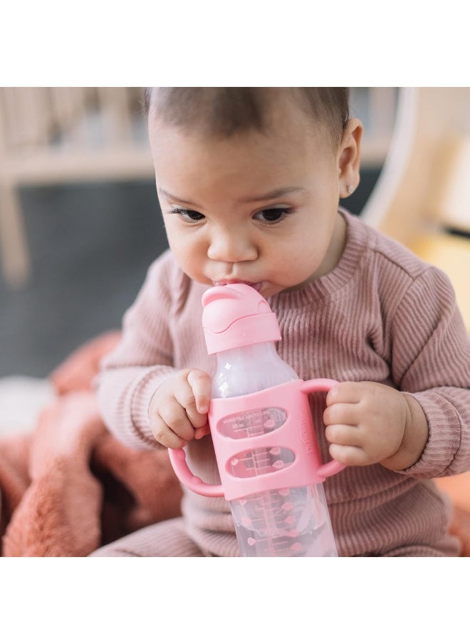 Dr. Brown's Milestones™ Narrow Sippy Straw Bottle with 100% Silicone Handles, 8oz/250mL, Gray & Pink, 2 Pack, 6m+