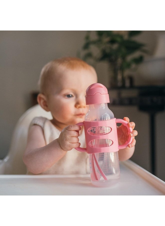 Dr. Brown's Milestones™ Narrow Sippy Straw Bottle with 100% Silicone Handles, 8oz/250mL, Gray & Pink, 2 Pack, 6m+