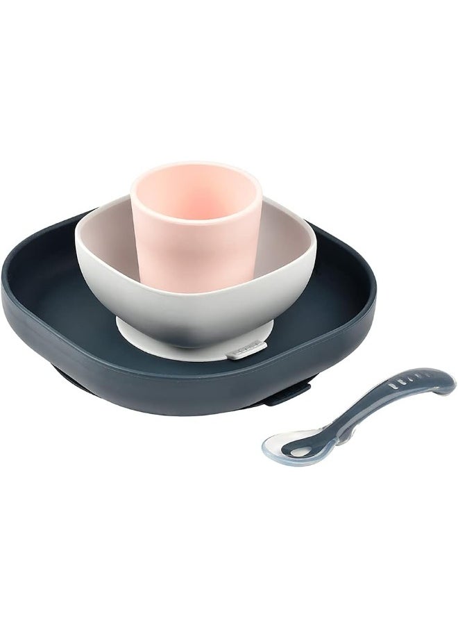 Béaba 4 Piece Baby Feeding Set - Suction Plate, Bowl, Cup, and 2nd Stage Spoon - High Grade Food Safe Silicone - Baby Must Haves, Midnight