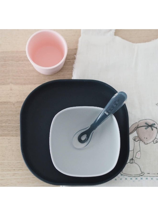 Béaba 4 Piece Baby Feeding Set - Suction Plate, Bowl, Cup, and 2nd Stage Spoon - High Grade Food Safe Silicone - Baby Must Haves, Midnight