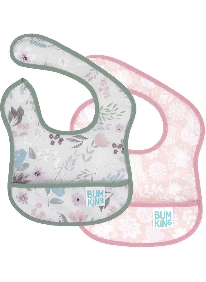 Bumkins Starter Bib, Baby Bib Infant, Waterproof Fabric, Fits Infants and Babies 3-9 Months - Floral & Lace (2-Pack)