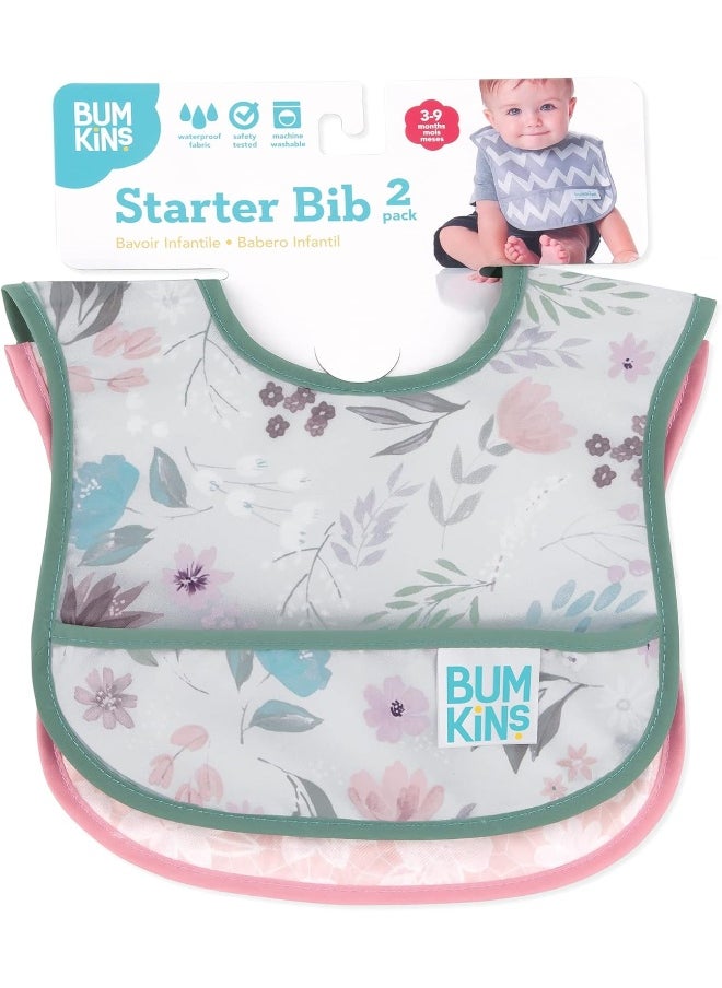 Bumkins Starter Bib, Baby Bib Infant, Waterproof Fabric, Fits Infants and Babies 3-9 Months - Floral & Lace (2-Pack)