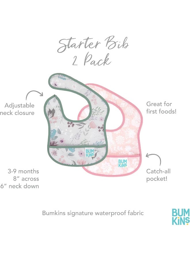 Bumkins Starter Bib, Baby Bib Infant, Waterproof Fabric, Fits Infants and Babies 3-9 Months - Floral & Lace (2-Pack)
