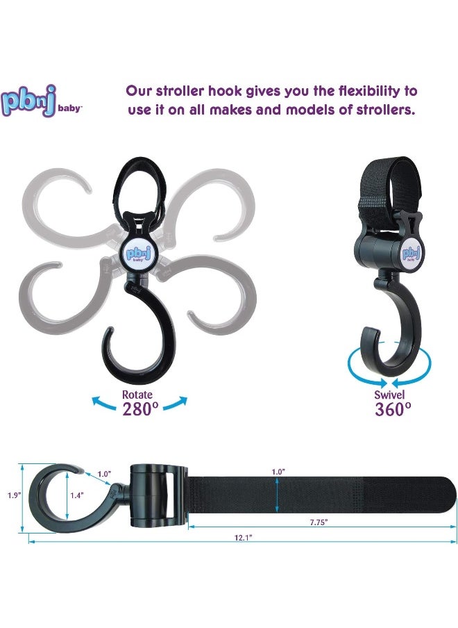 PBnJ baby Stroller Hooks for Hanging Diaper Bags - Mommy Stroller Clip and Stroller Accessories Organizer Hook - Large Hook for Mom Purse Shopping Grocery Bag and Accessory - (2 Pack)