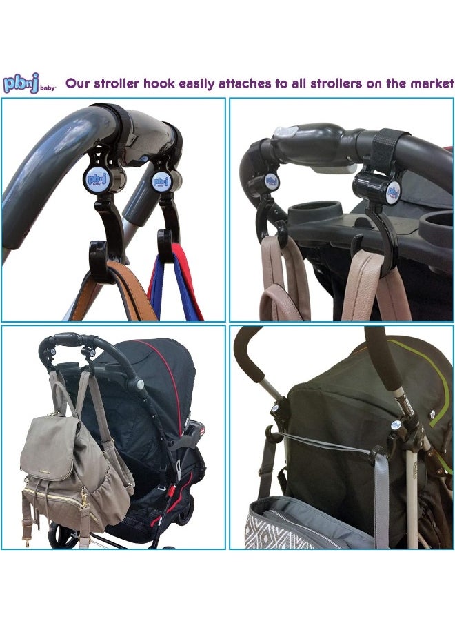 PBnJ baby Stroller Hooks for Hanging Diaper Bags - Mommy Stroller Clip and Stroller Accessories Organizer Hook - Large Hook for Mom Purse Shopping Grocery Bag and Accessory - (2 Pack)