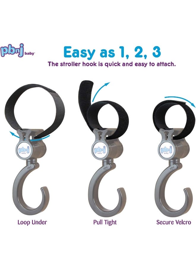 PBnJ baby Stroller Hooks for Hanging Diaper Bags - Mommy Stroller Clip and Stroller Accessories Organizer Hook - Large Hook for Mom Purse Shopping Grocery Bag and Accessory - (2 Pack)