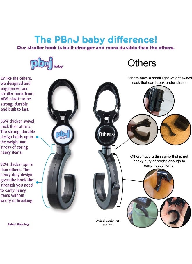 PBnJ baby Stroller Hooks for Hanging Diaper Bags - Mommy Stroller Clip and Stroller Accessories Organizer Hook - Large Hook for Mom Purse Shopping Grocery Bag and Accessory - (2 Pack)