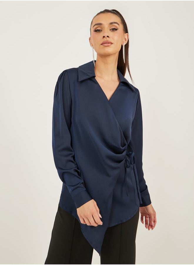 Satin Tie-Up Waist Wrap Longline Top