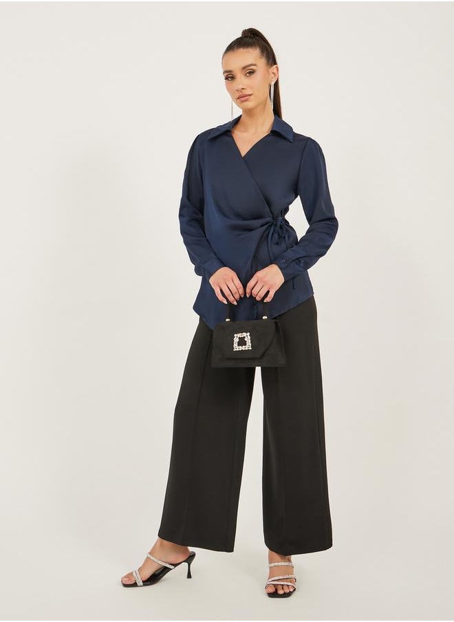 Satin Tie-Up Waist Wrap Longline Top
