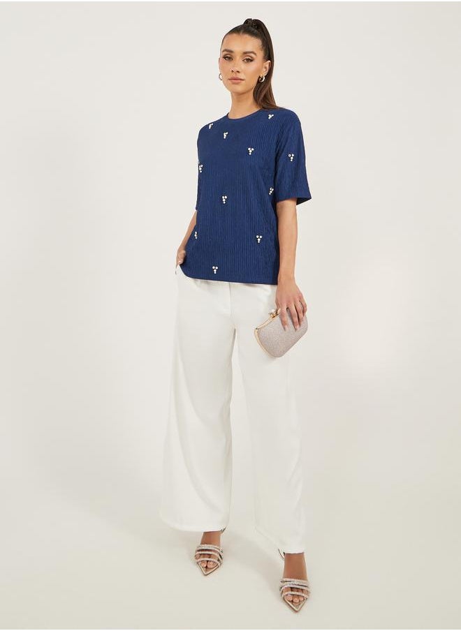 Textured Embellished Round Neck Top
