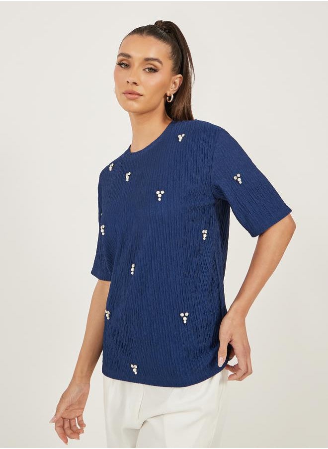 Textured Embellished Round Neck Top