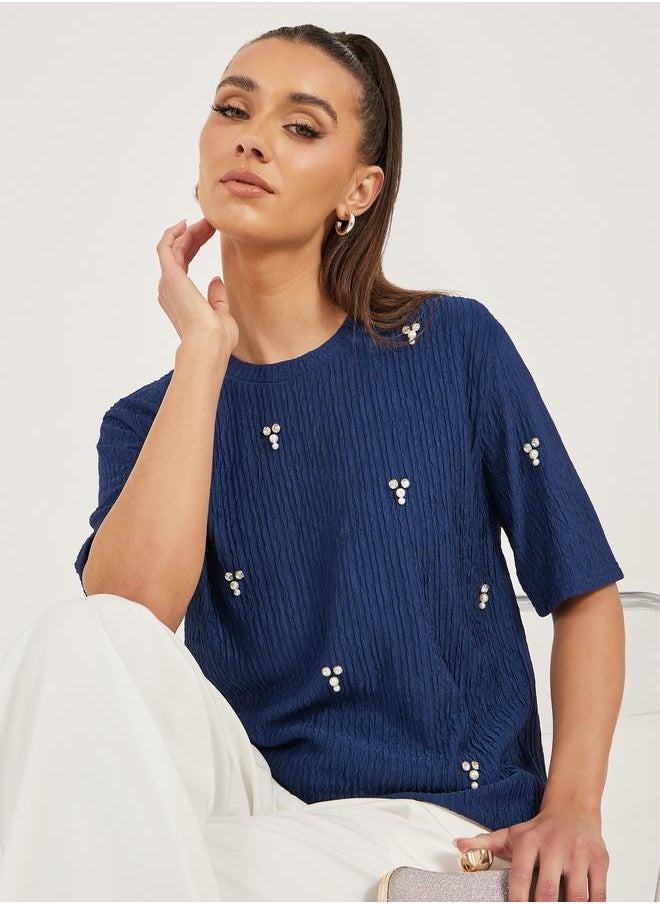 Textured Embellished Round Neck Top