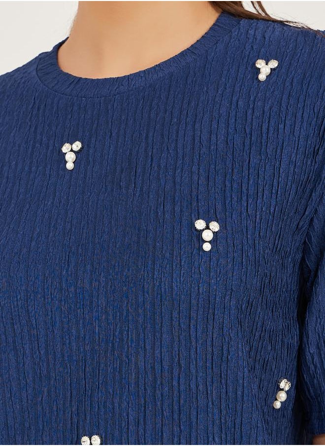 Textured Embellished Round Neck Top