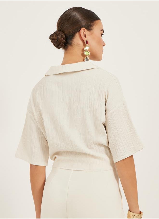Textured V-Neck Tie-Up Detail Top