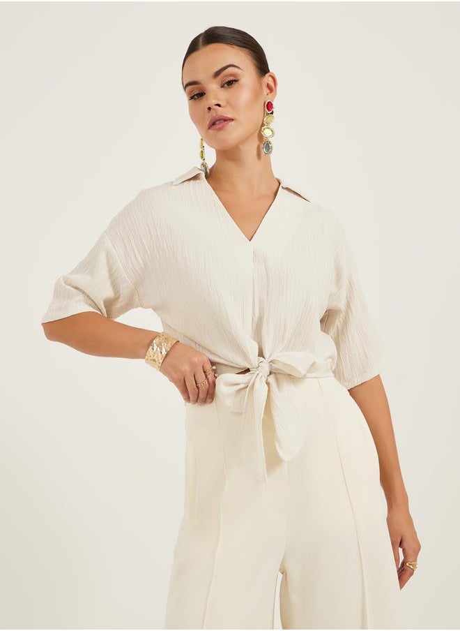 Textured V-Neck Tie-Up Detail Top