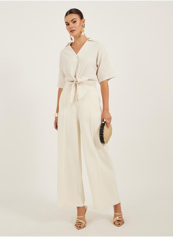 Textured V-Neck Tie-Up Detail Top