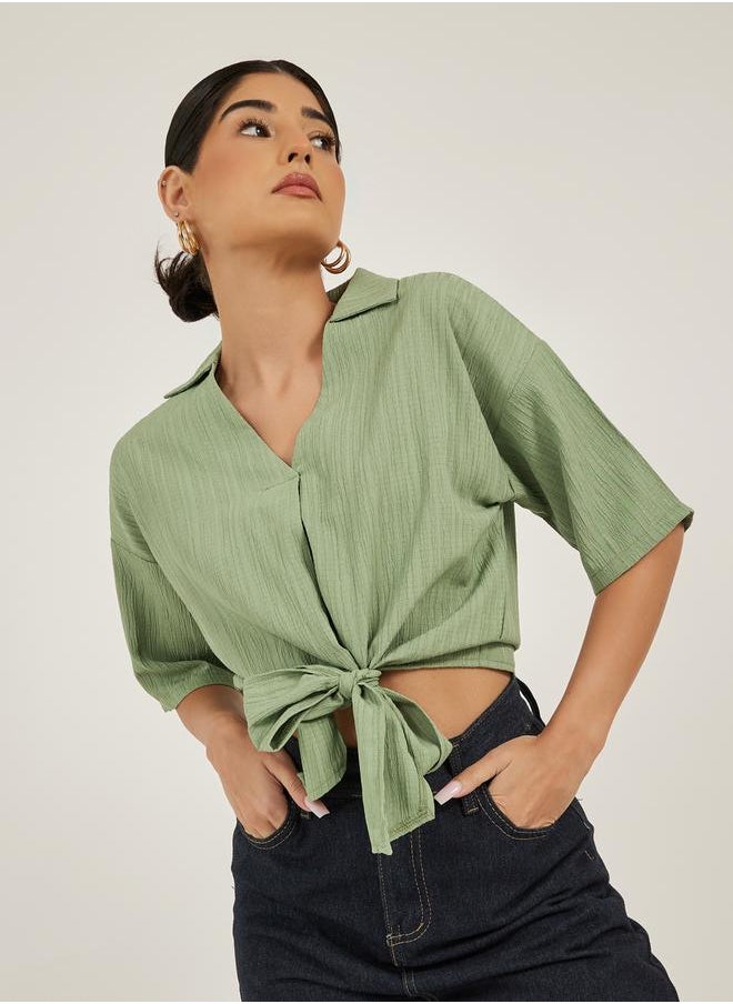 Textured V-Neck Tie-Up Detail Top