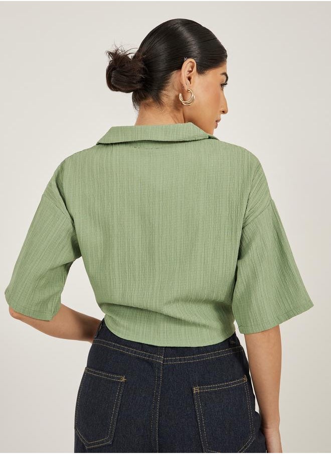 Textured V-Neck Tie-Up Detail Top