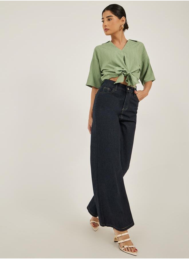 Textured V-Neck Tie-Up Detail Top