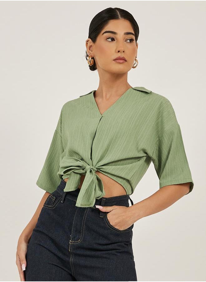 Textured V-Neck Tie-Up Detail Top