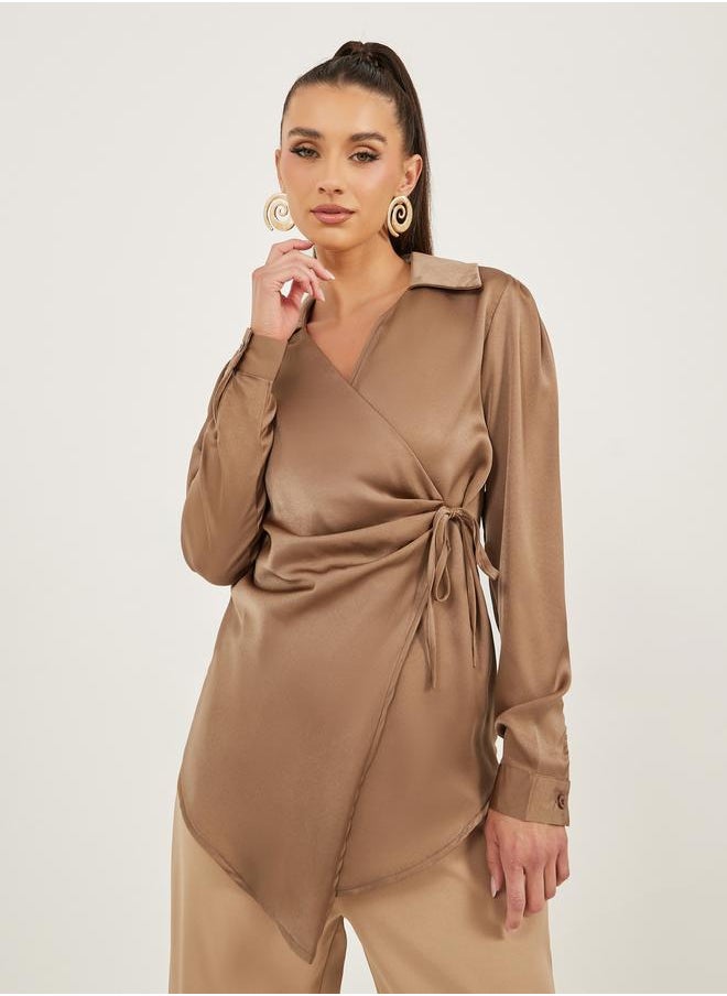 Satin Tie-Up Waist Wrap Longline Top