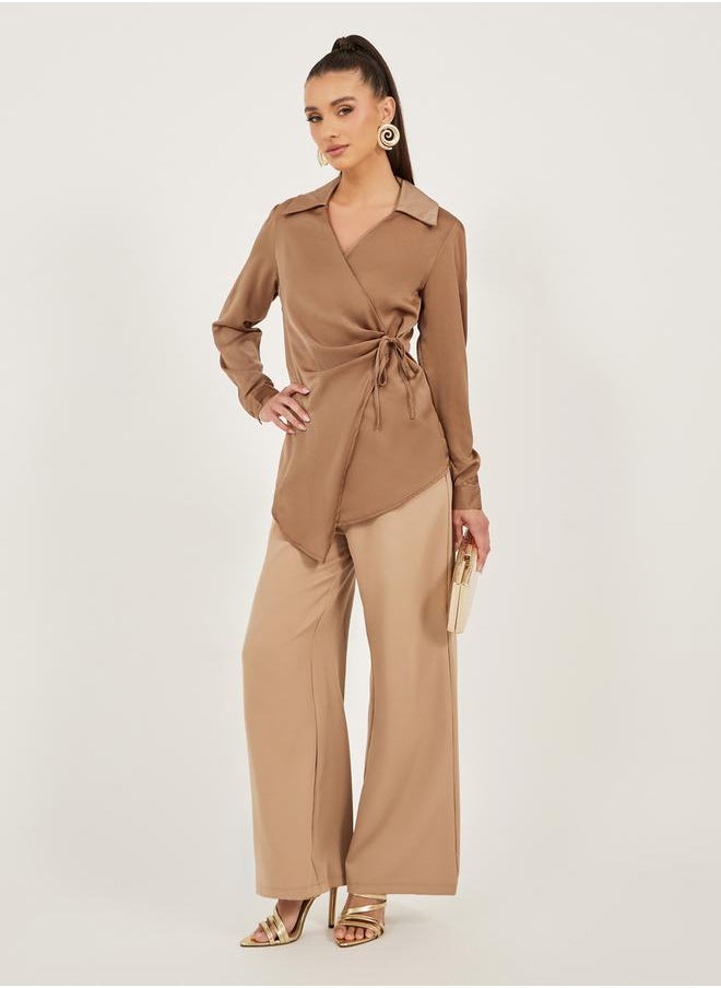 Satin Tie-Up Waist Wrap Longline Top