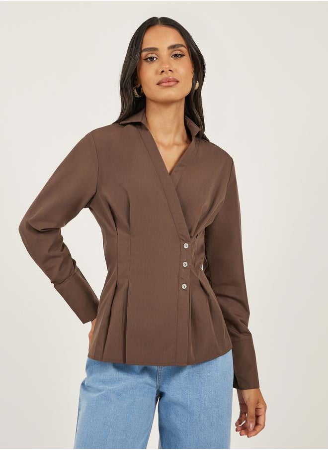 Women Brown Solid Pleated Regular Fit Wrap Shirt