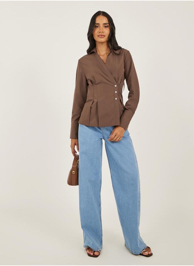 Women Brown Solid Pleated Regular Fit Wrap Shirt