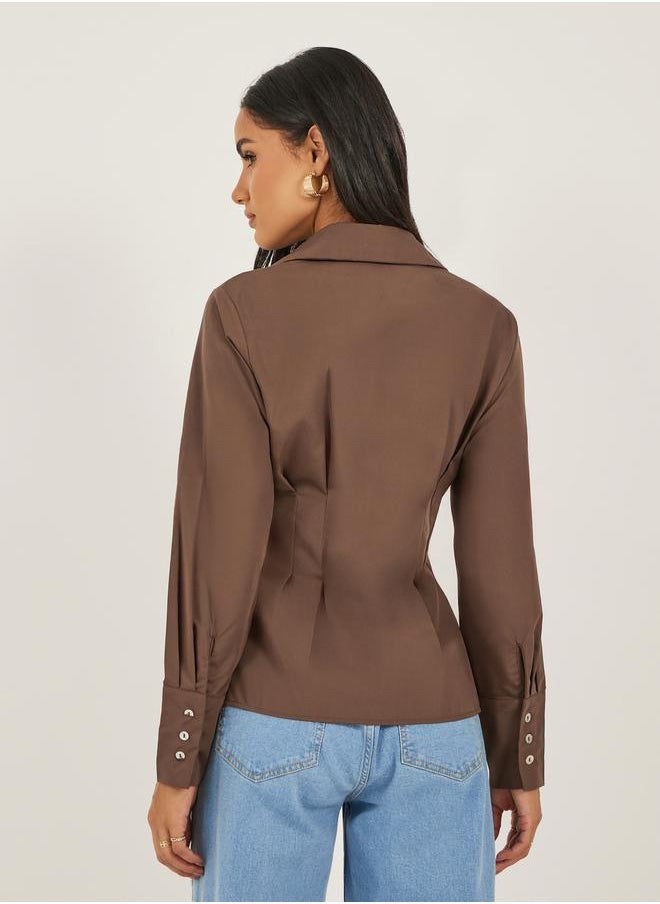 Women Brown Solid Pleated Regular Fit Wrap Shirt