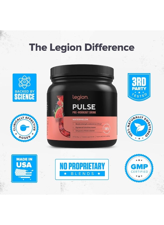 Pulse Pre Workout Supplement - All Natural Nitric Oxide Preworkout Drink To Boost Energy, Creatine Free, Naturally Sweetened, Beta Alanine, Citrulline, Alpha Gpc (Watermelon)