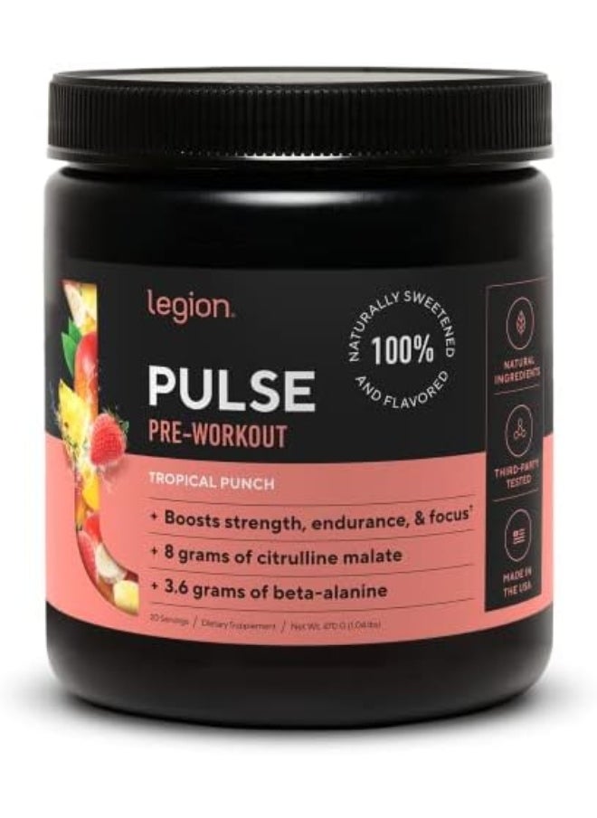 Pulse Pre Workout Supplement - All Natural Nitric Oxide Preworkout Drink To Boost Energy, Creatine Free, Naturally Sweetened, Beta Alanine, Citrulline, Alpha Gpc (Tropical Punch)