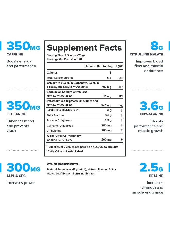 Pulse Pre Workout Supplement - All Natural Nitric Oxide Preworkout Drink To Boost Energy, Creatine Free, Naturally Sweetened, Beta Alanine, Citrulline, Alpha Gpc (Blue Raspberry)