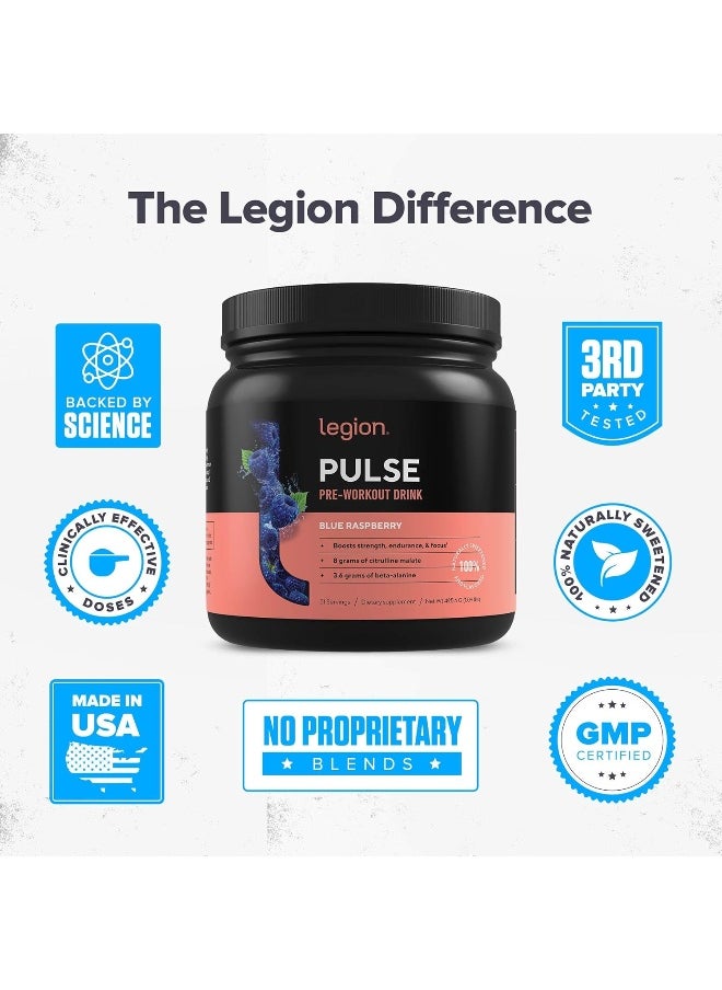 Pulse Pre Workout Supplement - All Natural Nitric Oxide Preworkout Drink To Boost Energy, Creatine Free, Naturally Sweetened, Beta Alanine, Citrulline, Alpha Gpc (Blue Raspberry)